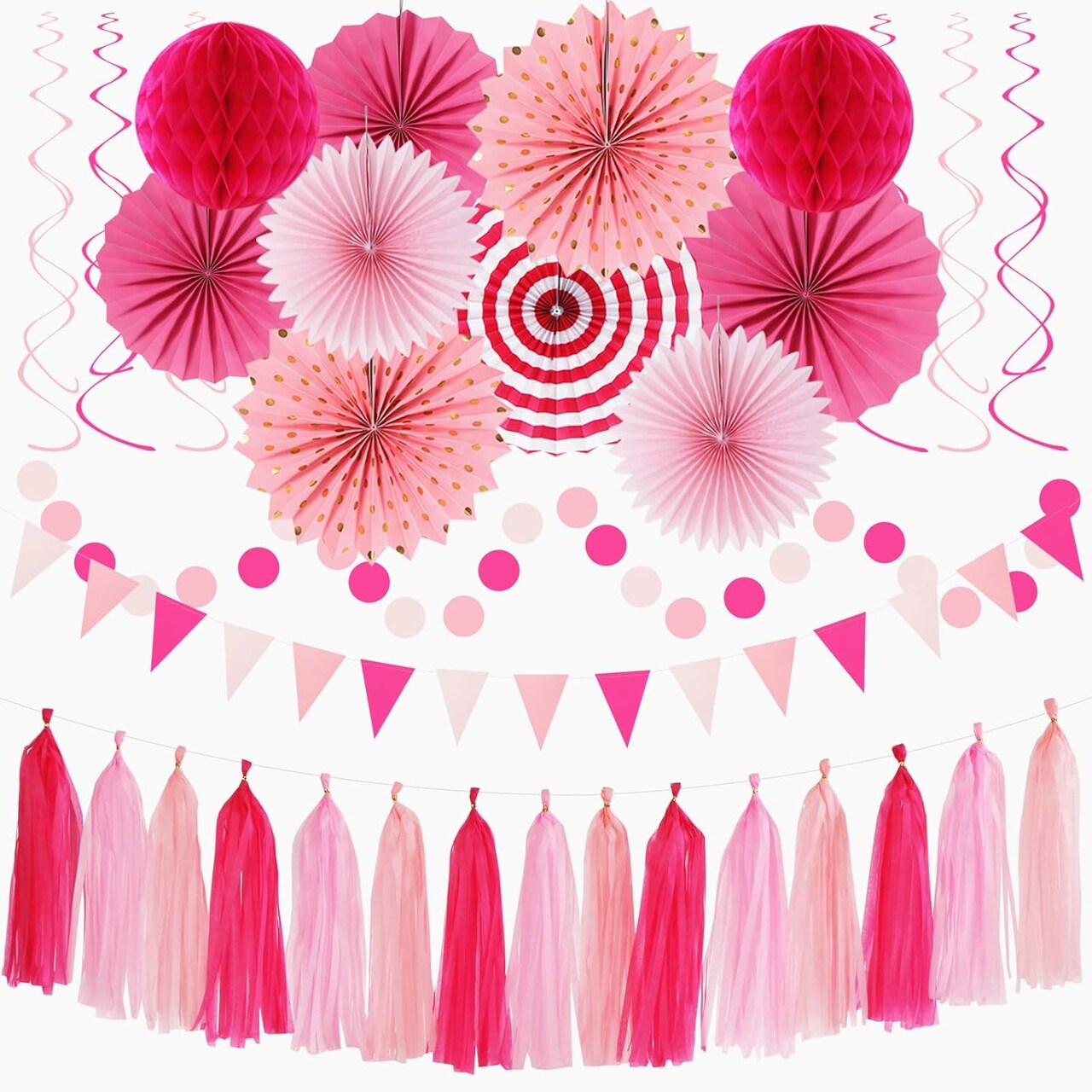 Hot-Pink Rose Red Party-Decorations - 33pcs Banner,Streamers Tassel Garland,Tissue Pom Poms Honeycomb,Paper Lanterns Fan,Birthday Wedding Bridal Baby Shower Bachelorette Engagement Decor